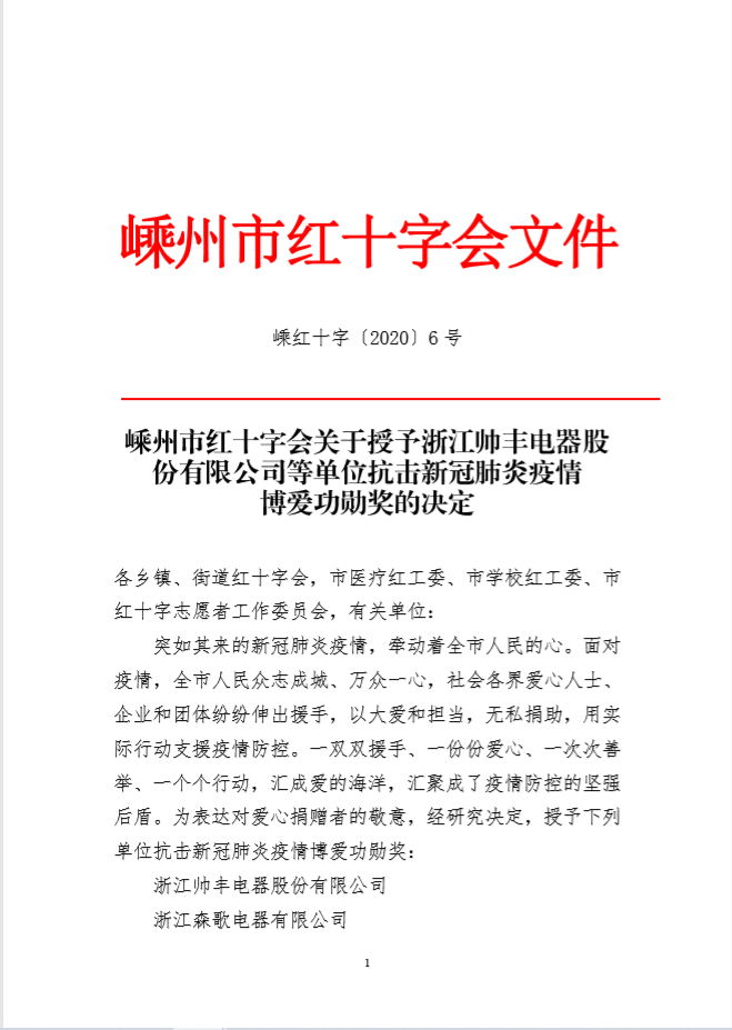 企業(yè)新聞 | 抗擊疫情貢獻(xiàn)突出，帥豐被授予博愛功勛獎(jiǎng)