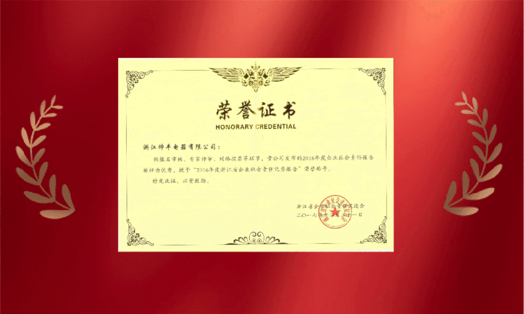 帥豐電器榮獲“2020浙江省企業(yè)社會責任優(yōu)秀報告”稱號